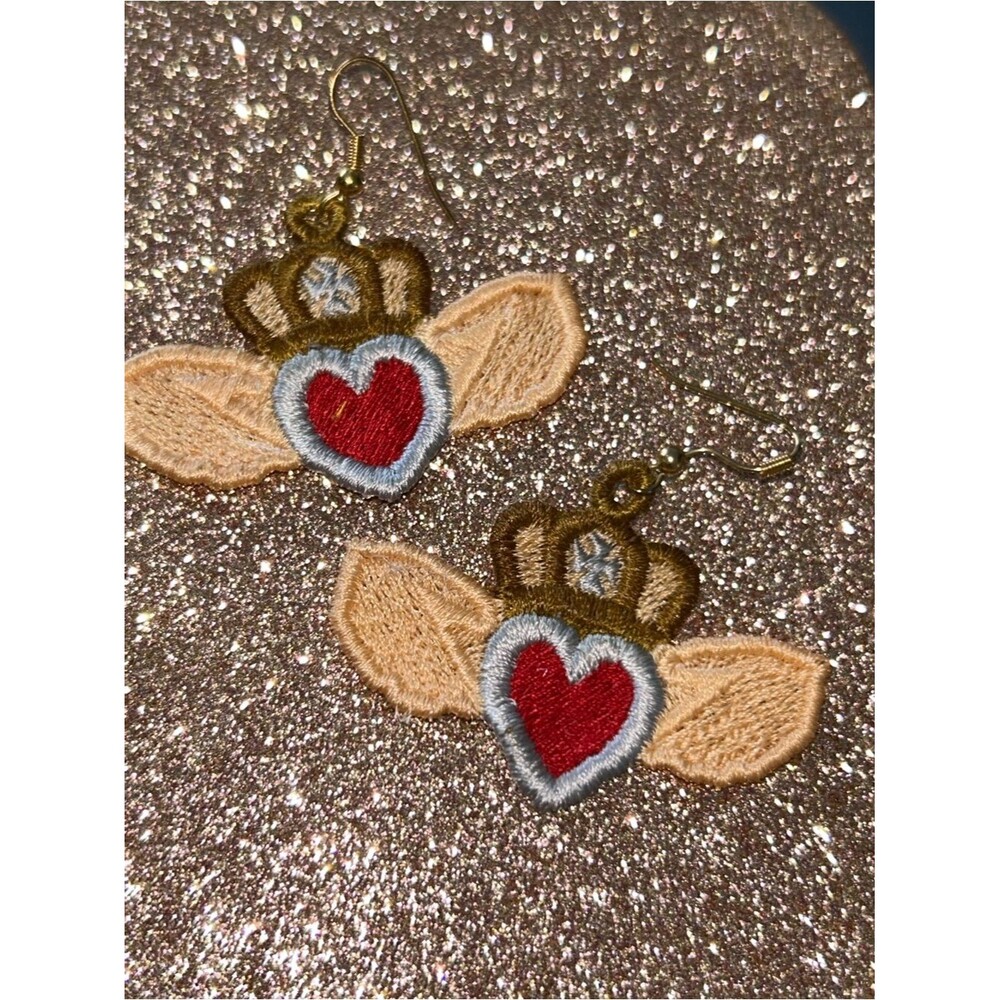 Heart Crown Wing Design FSL Earrings - Red Heart & Gold Brown Thread NEW